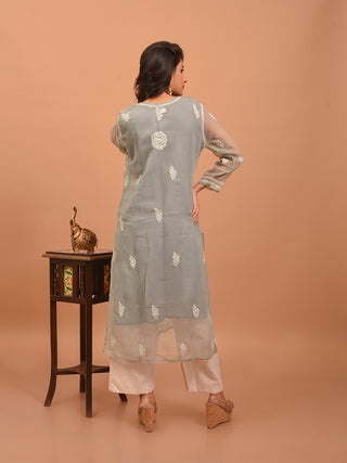 Grey Lucknowi Chikankari Kurti with Cotton Inner