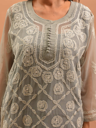Grey Lucknowi Chikankari Kurti with Cotton Inner