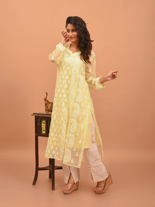 Butter Yellow Lucknowi Chikankari Kurti with Cotton Inner