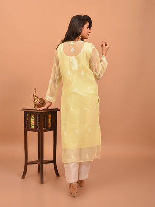 Butter Yellow Lucknowi Chikankari Kurti with Cotton Inner