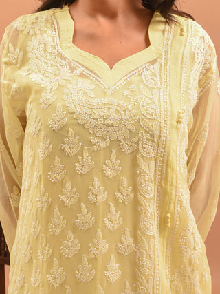 Butter Yellow Lucknowi Chikankari Kurti with Cotton Inner