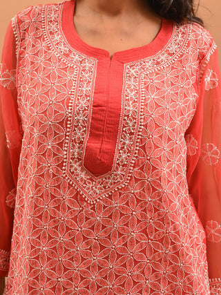 Coral Red Lucknowi Chikankari Kurti with Cotton Inner