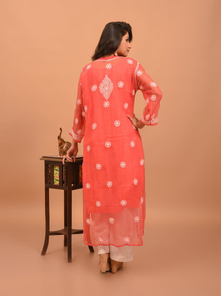 Coral Red Lucknowi Chikankari Kurti with Cotton Inner