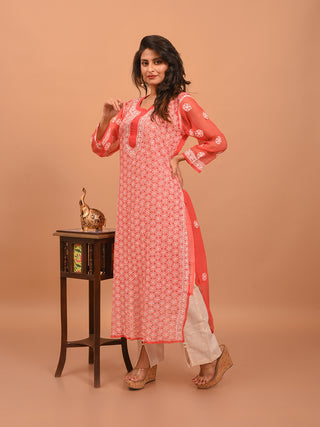 Coral Red Lucknowi Chikankari Kurti with Cotton Inner
