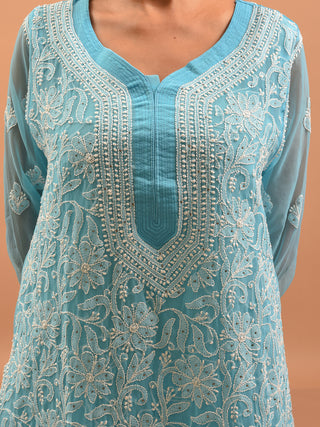 Aqua Blue Lucknowi Chikankari Kurti with Cotton Inner