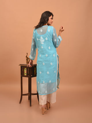 Aqua Blue Lucknowi Chikankari Kurti with Cotton Inner