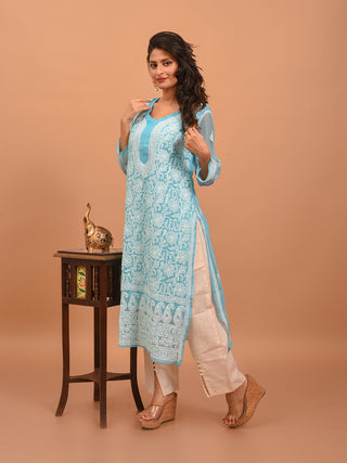 Aqua Blue Lucknowi Chikankari Kurti with Cotton Inner