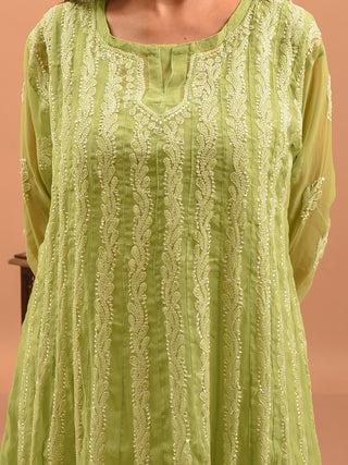 Lime Green Lucknowi Chikankari Kurti with Cotton Inner