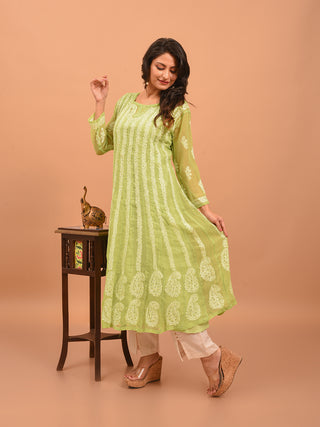 Lime Green Lucknowi Chikankari Kurti with Cotton Inner