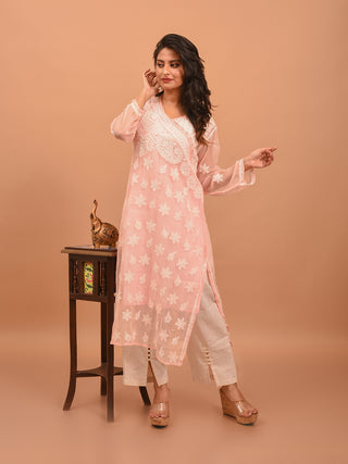 Baby Pink Lucknowi Chikankari Kurti with Cotton Inner