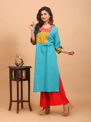 Teal Andhra Cotton Kurti with Ikkat and Ajrakh Patchwork Yoke