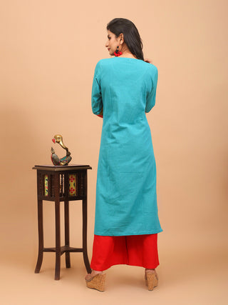 Teal Andhra Cotton Kurti with Ikkat and Ajrakh Patchwork Yoke