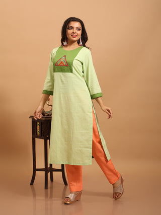 Pistachio Green Andhra Cotton Kurti with Embroidered Yoke