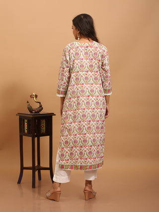 White Base Sanganeri Cotton Kurti With Floral Print And Embroidered Yoke