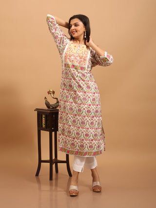White Base Sanganeri Cotton Kurti With Floral Print And Embroidered Yoke