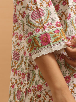 White Base Sanganeri Cotton Kurti With Floral Print And Embroidered Yoke
