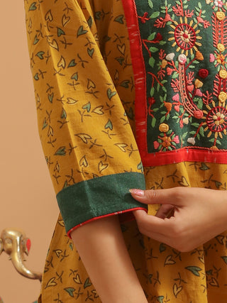 Mustard Ajrakh Cotton Kurti with Embroidered Yoke