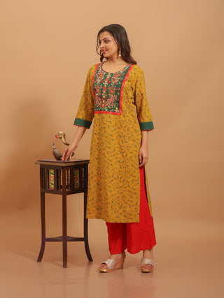 Mustard Ajrakh Cotton Kurti with Embroidered Yoke
