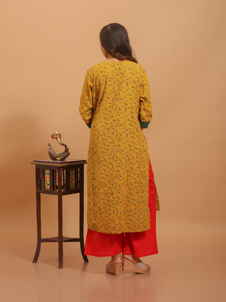 Mustard Ajrakh Cotton Kurti with Embroidered Yoke
