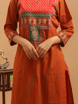 Rust Red Cambric Cotton Kurti with Banarasi Yoke Accented By Embroidery