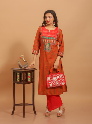 Rust Red Cambric Cotton Kurti with Banarasi Yoke Accented By Embroidery