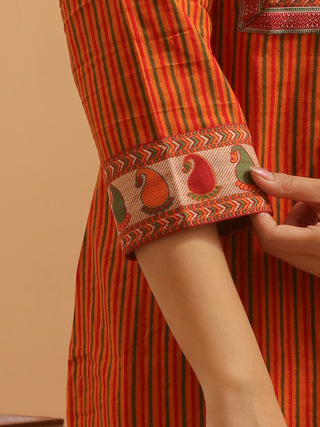 Rust Red Cambric Cotton Kurti with Banarasi Yoke Accented By Embroidery