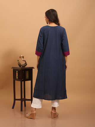Navy Blue Andhra Cotton Kurti with Embroidered Yoke