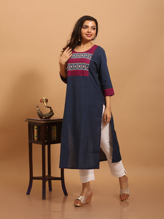 Navy Blue Andhra Cotton Kurti with Embroidered Yoke