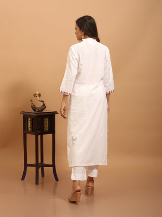 White Andhra Cotton Kurti with Ikkat Accents & Hand Embroidery