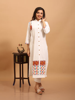 White Andhra Cotton Kurti with Ikkat Accents & Hand Embroidery