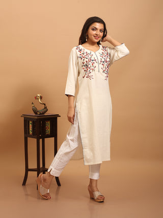 Off-White Andhra Cotton Kurti with Hand Embroidery
