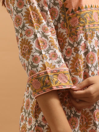 Off-White Sanganeri Cotton Kurti with Embroidered Yoke