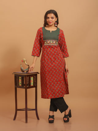 Brick Red Ajrakh Cotton Kurti with Embroidered Yoke