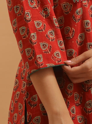 Brick Red Ajrakh Cotton Kurti with Embroidered Yoke
