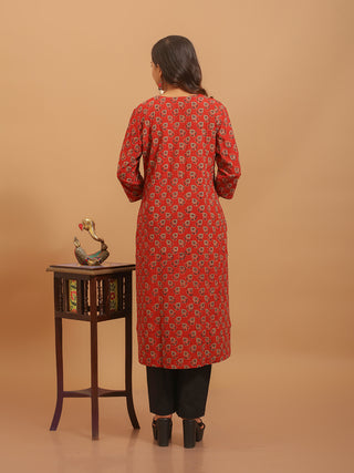 Brick Red Ajrakh Cotton Kurti with Embroidered Yoke