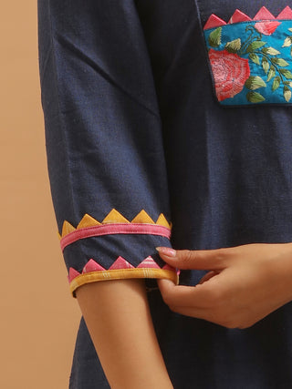 Navy Blue Andhra Handloom Cotton Kurti with Hand Embroidery and Appliqué