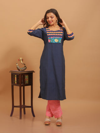 Navy Blue Andhra Handloom Cotton Kurti with Hand Embroidery and Appliqué