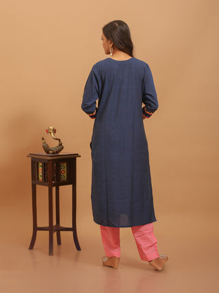 Navy Blue Andhra Handloom Cotton Kurti with Hand Embroidery and Appliqué