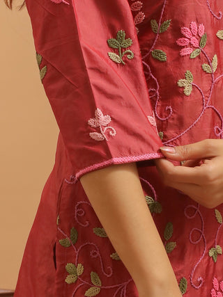 Wine Colour Muslin Kurti with Exquisite Hand Embroidery