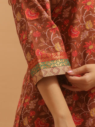 Brown Sanganeri Cotton Kurti with Multicolour Prints And Hand Embroidered Yoke