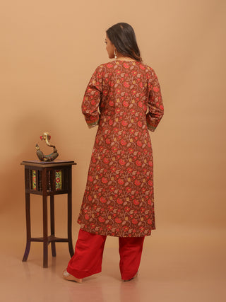 Brown Sanganeri Cotton Kurti with Multicolour Prints And Hand Embroidered Yoke