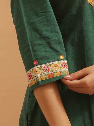 Bottle Green Andhra Cotton Kurti with Kantha Hand-Embroidered Yoke and Sleeves