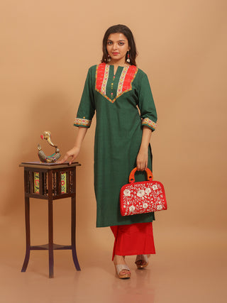 Bottle Green Andhra Cotton Kurti with Kantha Hand-Embroidered Yoke and Sleeves