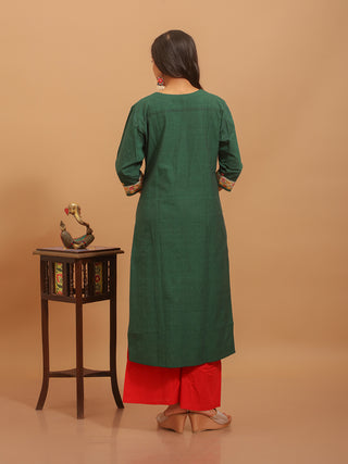 Bottle Green Andhra Cotton Kurti with Kantha Hand-Embroidered Yoke and Sleeves