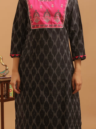 Black Ikkat Cotton Kurti with Gujarati Hand Embroidered Yoke