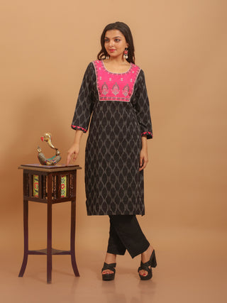 Black Ikkat Cotton Kurti with Gujarati Hand Embroidered Yoke