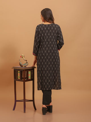 Black Ikkat Cotton Kurti with Gujarati Hand Embroidered Yoke