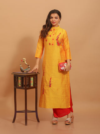 Golden Yellow Cotton Silk Kurti with Hand Embroidery