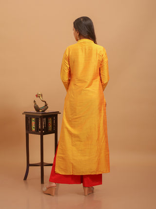 Golden Yellow Cotton Silk Kurti with Hand Embroidery