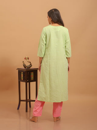 Pistachio Green Andhra Cotton Kurti with Hand Embroidery
